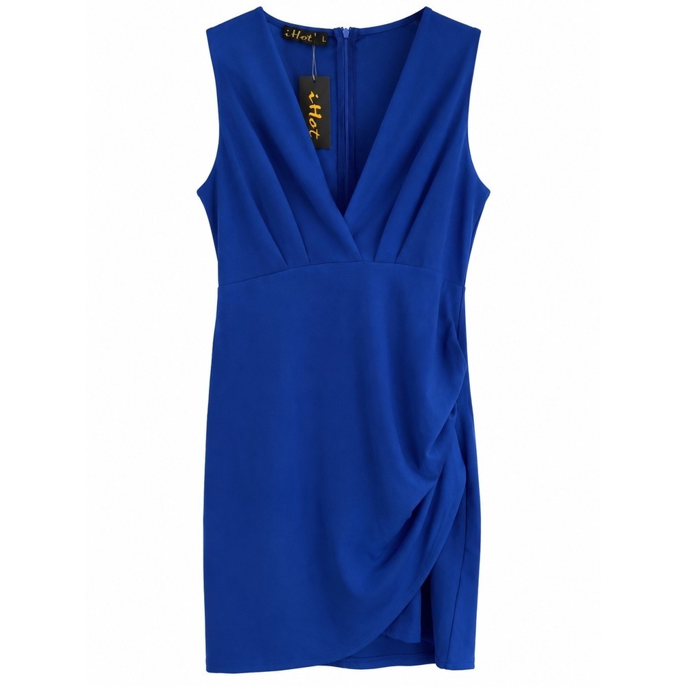 NWT iHot Royal Blue Wrap-Front Sheath Dress Size L Ruched V-Neck Cocktail